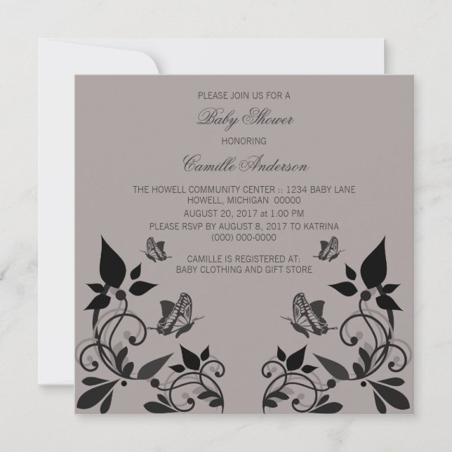 Baby shower floral de papillon ébène Invitation (Devant)