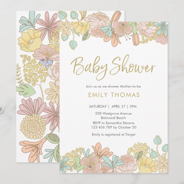 Baby shower floral de printemps d'or Invitation (Devant / Derrière)
