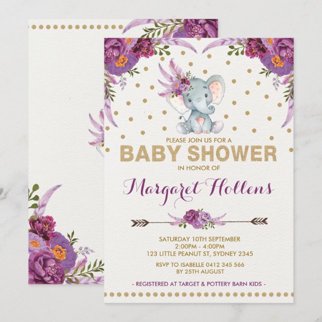 Baby shower floral Eléphant Boho violet Invitation (Devant / Derrière)