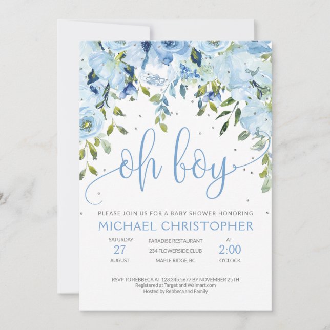 Baby shower floral et argenté bleu Invitation (Devant)