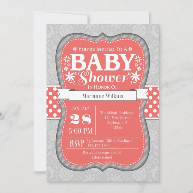 Baby shower Floral Gris de corail Invitation (Devant)
