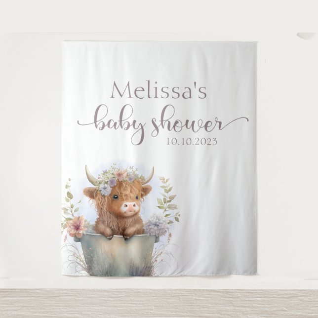 Baby Shower floral highland cow Backdrop  Tapestry (Front)