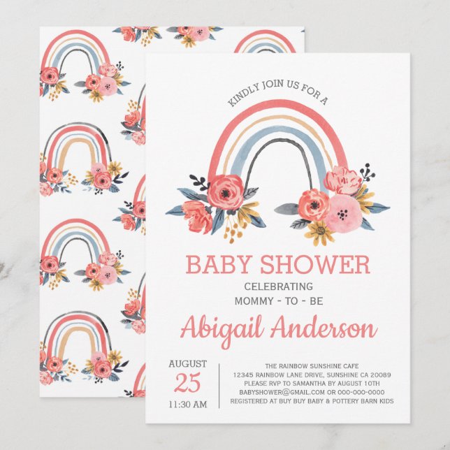Baby Shower Floral Modern Elegant Rainbow Invitation (Front/Back)