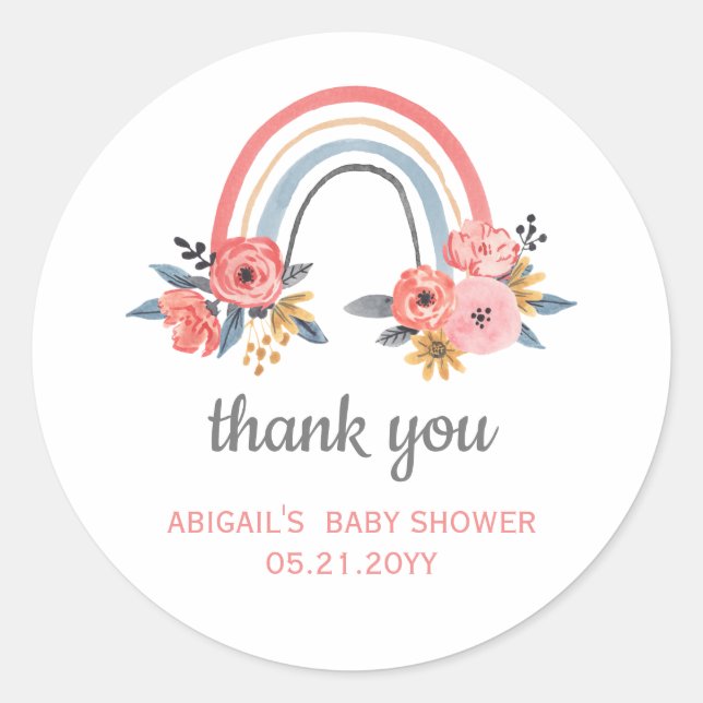 Baby Shower Floral Rainbow Thank You Favour Classic Round Sticker (Front)