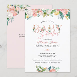 Baby Shower Floral Rose Gold Pink Blush Typography Invitation