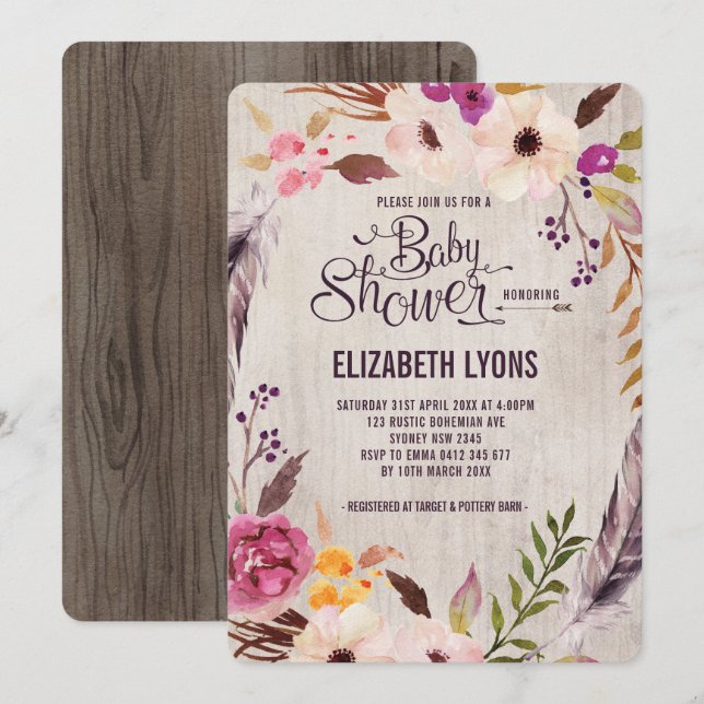 Baby shower floral russe Invitation Boho Party (Devant / Derrière)