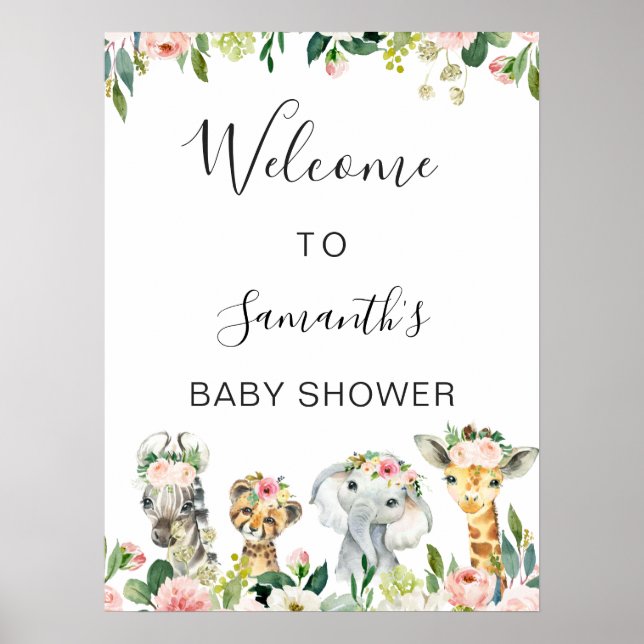 Baby shower Floral Safari Animaux Affiche de bienv (Devant)