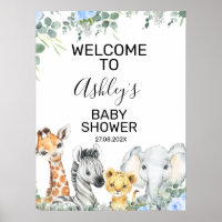 Baby shower Floral Safari bleu Affiche de bienvenu