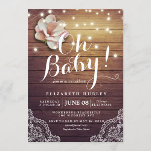 Baby Shower Floral String Lights Rustic Wood Lace Invitation