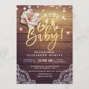 Baby Shower Floral String Lights Rustic Wood Lace Invitation