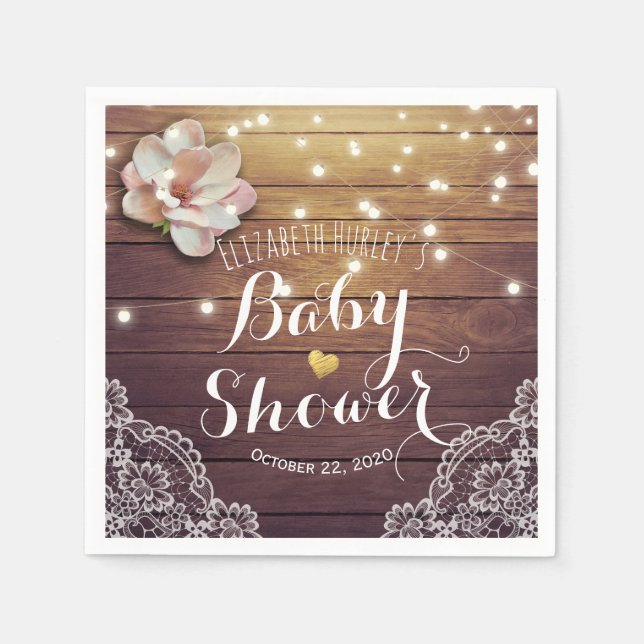Baby Shower Floral String Lights Rustic Wood Lace Napkin (Front)