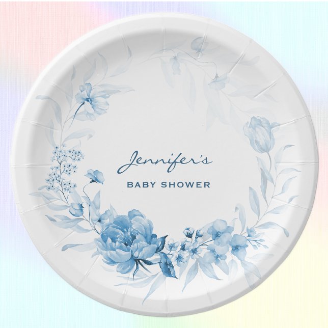 Baby Shower Flowers 7-in Charming Blue Florals Paper Plate (Creator Uploaded)
