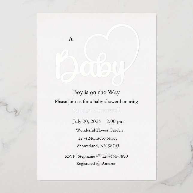 Baby Shower Foil Invitation, Script, Heart, Boy (Front)