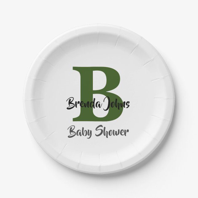 Baby Shower Forest Green Monogram Jungle Theme Paper Plate (Front)