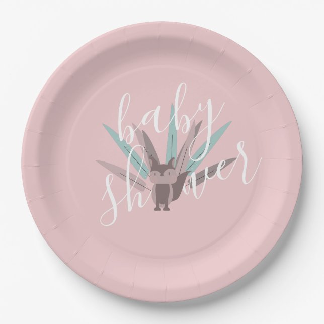 Baby Shower Fox Bohemian Feathers Pink Paper Plate (Front)