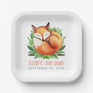 Baby Shower Fox Sleeping Cute Woodland Watercolor Paper Plate