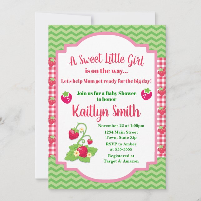 Baby shower fraise Invitation 5x7 Girl Baby (Devant)