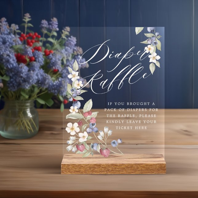 Baby shower Fromage Raffle Fruits et Fleurs sauvag (Baby Shower Diaper Raffle Wild Berries & Flowers Acrylic Sign)
