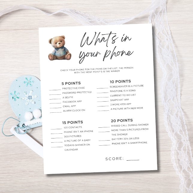 Baby Shower Game Baby Boy What's in your phone (Baby Shower Game for Baby Boy Shower Baby Bear. What's in your phone)