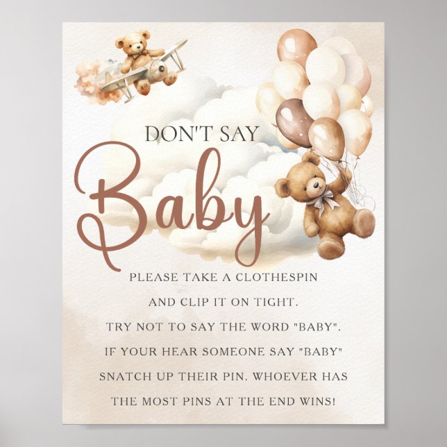 Baby Shower Game DON'T SAY BABY Bear Balloons Poster (Front)
