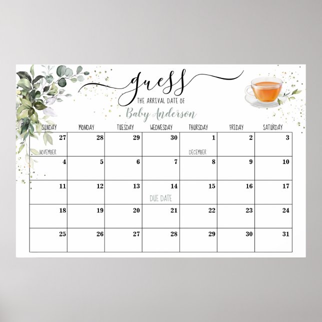 Baby Shower Game Guess Due Date Calendar Poster (Front)