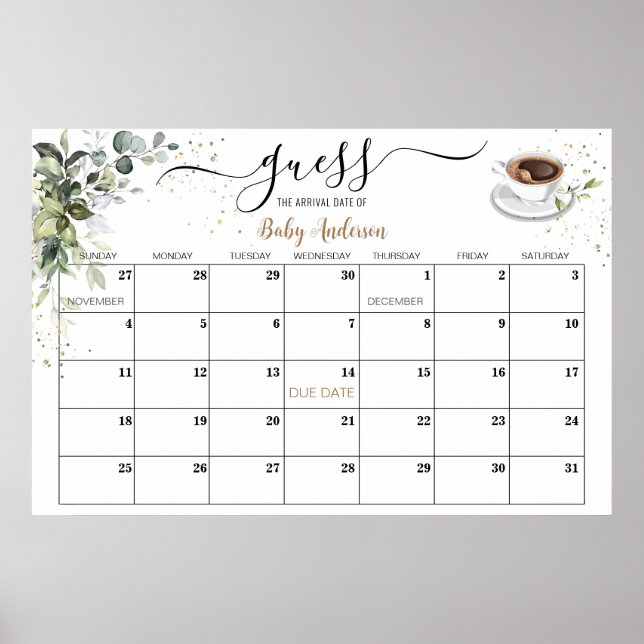 Baby Shower Game Guess Due Date Calendar Poster (Front)