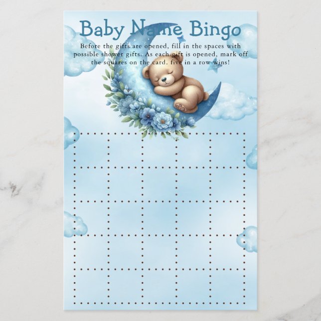Baby Shower Game Over The Moon Bingo (Front)