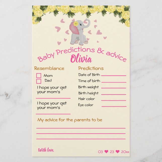 baby shower game pink and grey elephant cards (Front)