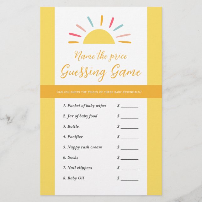 Baby Shower game sheet guess price, Sun Miracle (Front)