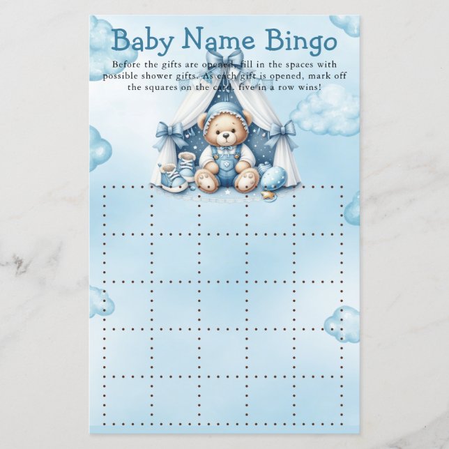Baby Shower Game Teddy Bear In Tent Bingo (Front)