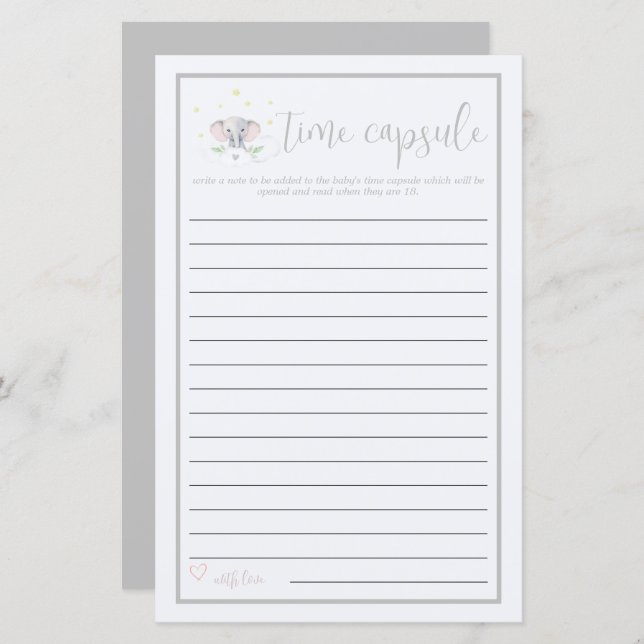 Baby Shower Game Time Capsule Elephant (Front/Back)