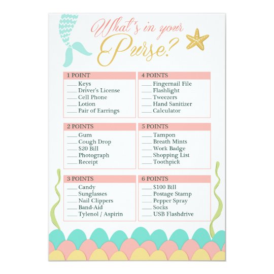 Baby Shower Game Whats in Your Purse Mermaid Coral Card