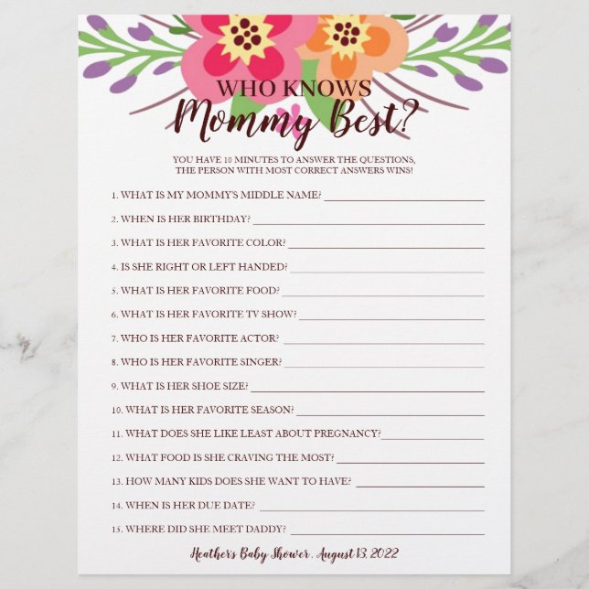 Baby Shower Game Who Knows Mommy Floral (Front)