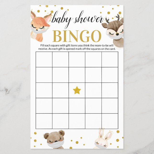 Baby Shower Game Woodland Baby Animals Bingo Card (Front)