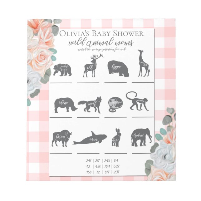 Baby Shower Games Coral Roses Gingham Notepad (Front)