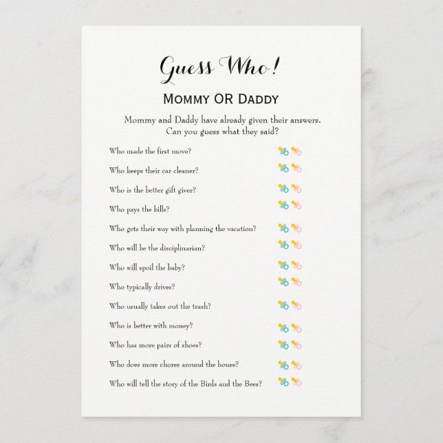 Baby Shower Games - Wishes for Baby and Guess Who Advice Card (Front)