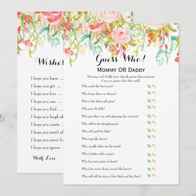 Baby Shower Games - Wishes for Baby and Guess Who Invitation (Front/Back)