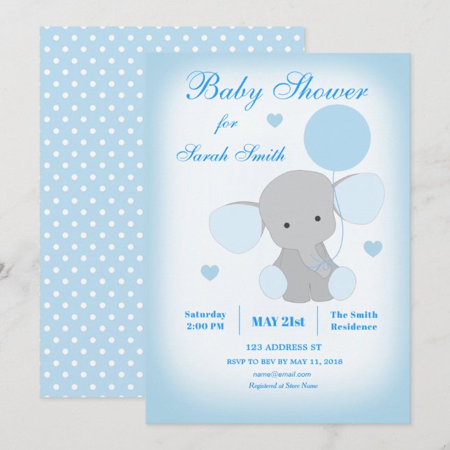 Baby shower garçon Blue Elephant Invitation (Devant / Derrière)