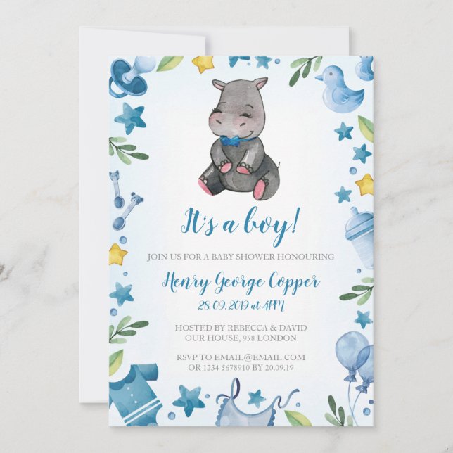 Baby shower Garçon | Invitation | Hippo (Devant)