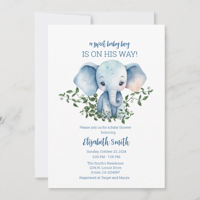 Baby shower garçon Invitation Modèle Elephant (Devant)