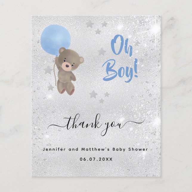 Baby shower garçon ours en peluche carte de remerc (Devant)