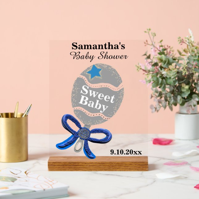 Baby shower Garçon Silver Blue Rattle (Mariage)