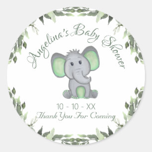 Baby Shower Gender Neutral Greenery Elephant  Classic Round Sticker