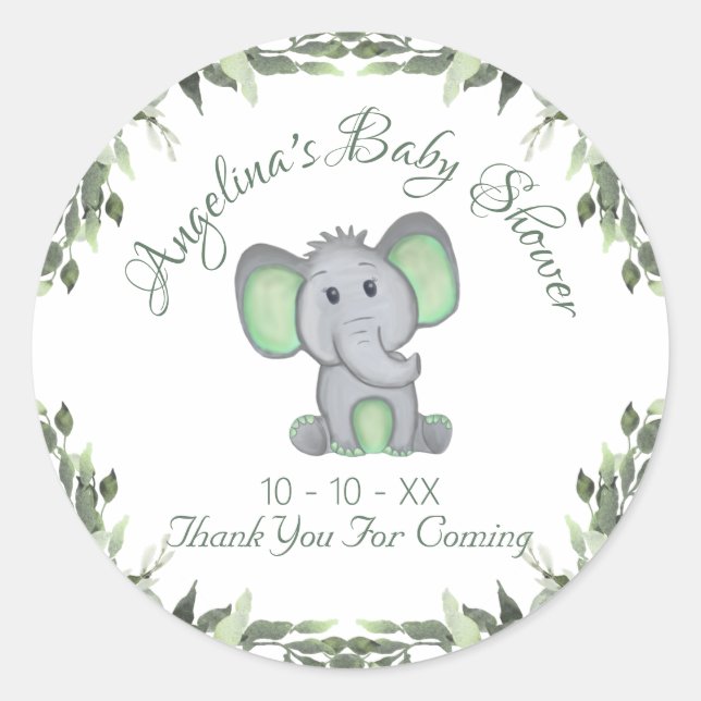 Baby Shower Gender Neutral Greenery Elephant  Classic Round Sticker (Front)
