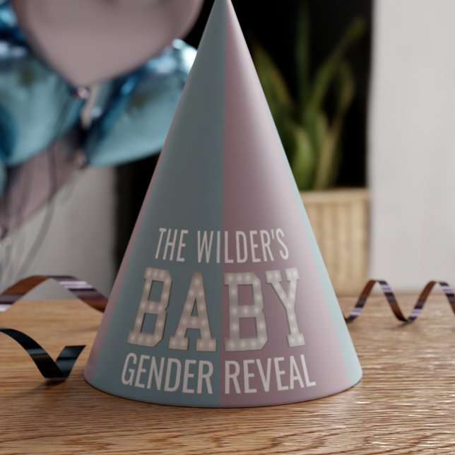 Baby Shower Gender Reveal Paper Party Hat (Gender Reveal Party hats just for you. Add your family name)