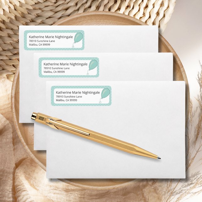 Baby shower Genre Neutre Monnaie Vert BOHO (Baby Shower Mint Green Gender-Neutral Return Address Label with white polka dots, balloon.)