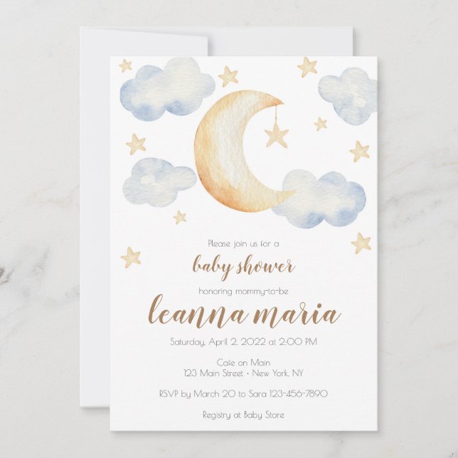 Baby shower Genre Révéler Lune Étoiles Invitation (Devant)