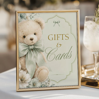 Baby Shower Gifts and Cards Sign Sage Green Teddy 