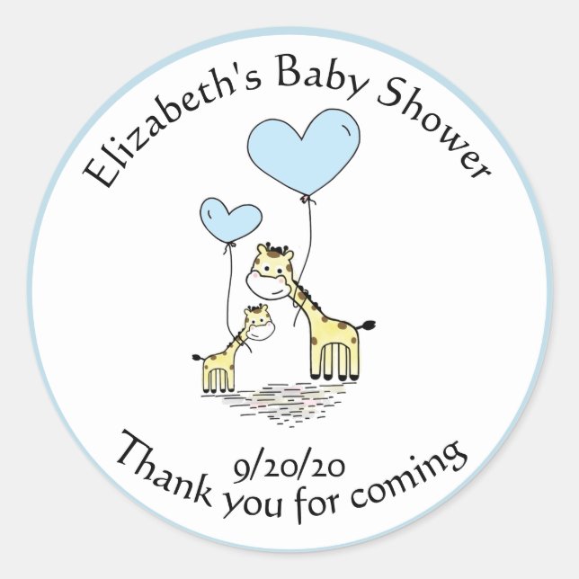 Baby Shower Giraffe Blue Balloon Thank you Favour Classic Round Sticker (Front)