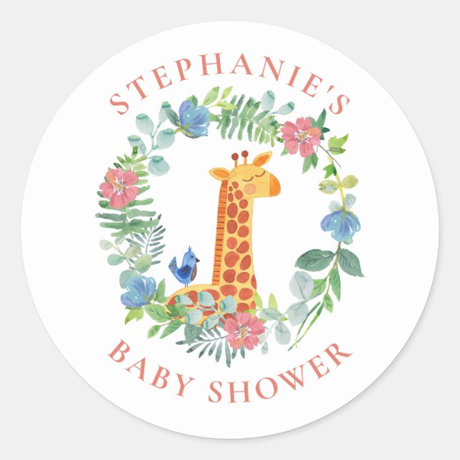 Baby Shower Giraffe Floral Wreath Personalized Classic Round Sticker (Front)
